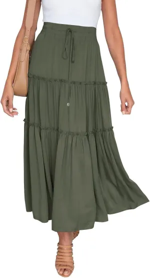 Drawstring Womens Skirt High Rise Ruched Skirts Ruffle Boho Pleated Waist Summer for Women 2023 Casual Cute Robe