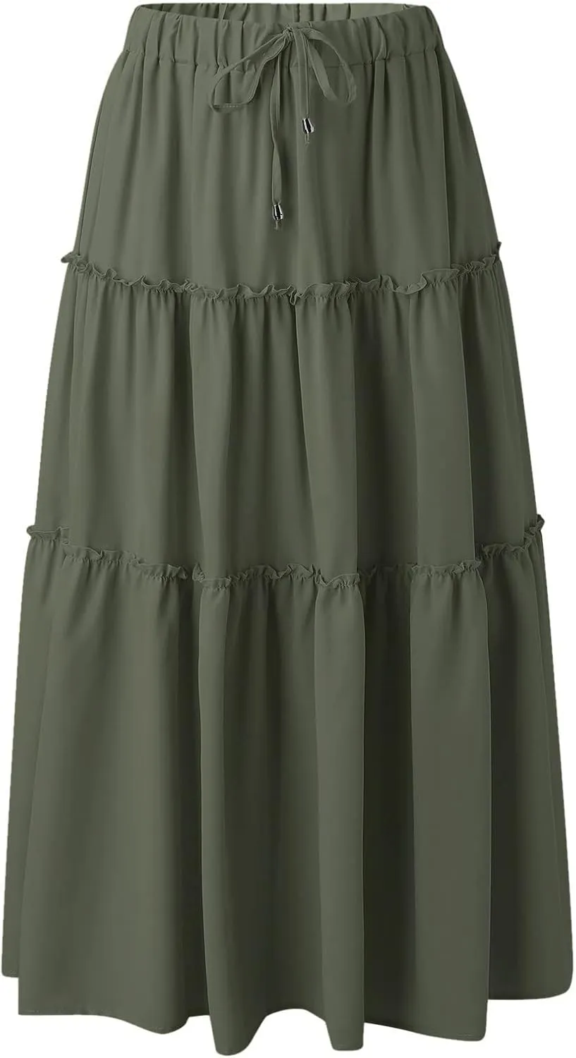 Drawstring Womens Skirt High Rise Ruched Skirts Ruffle Boho Pleated Waist Summer for Women 2023 Casual Cute Robe