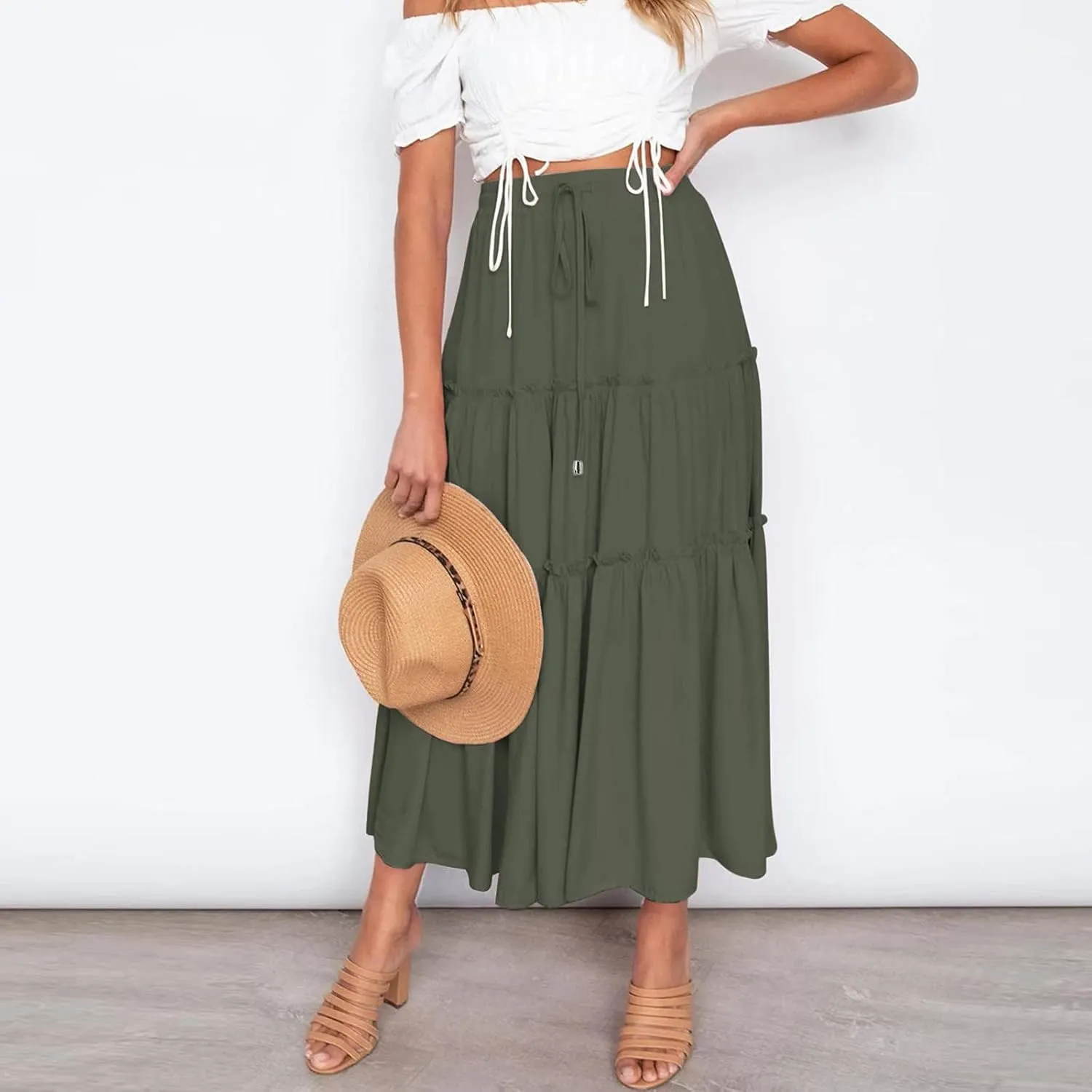 Drawstring Womens Skirt High Rise Ruched Skirts Ruffle Boho Pleated Waist Summer for Women 2023 Casual Cute Robe