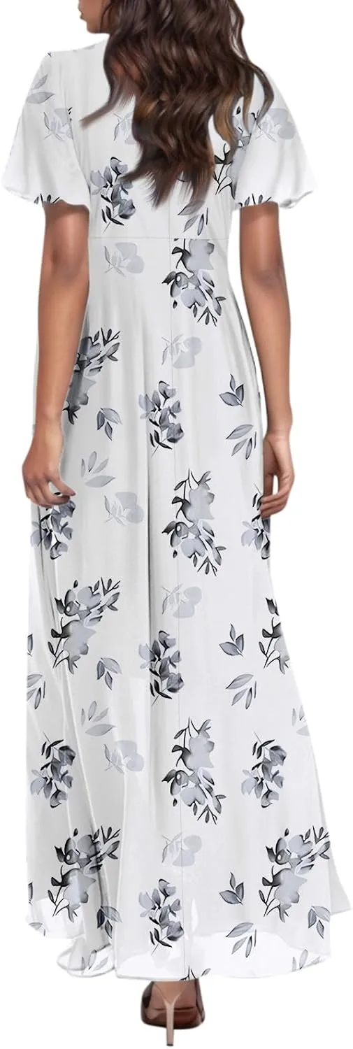 Dresses for Church Women 2025 Maxi Dress Summer Wrap Floral Ruffle Sleeve Chiffon Wedding Dress Boho