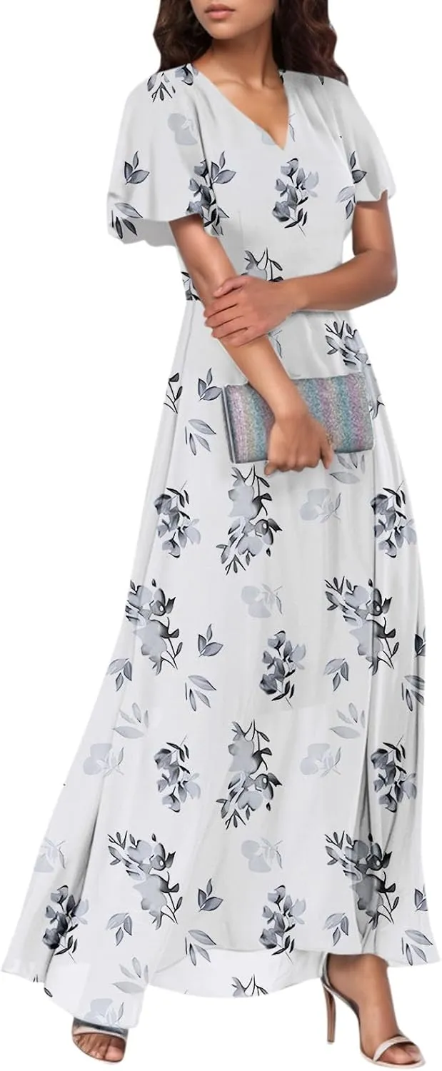 Dresses for Church Women 2025 Maxi Dress Summer Wrap Floral Ruffle Sleeve Chiffon Wedding Dress Boho