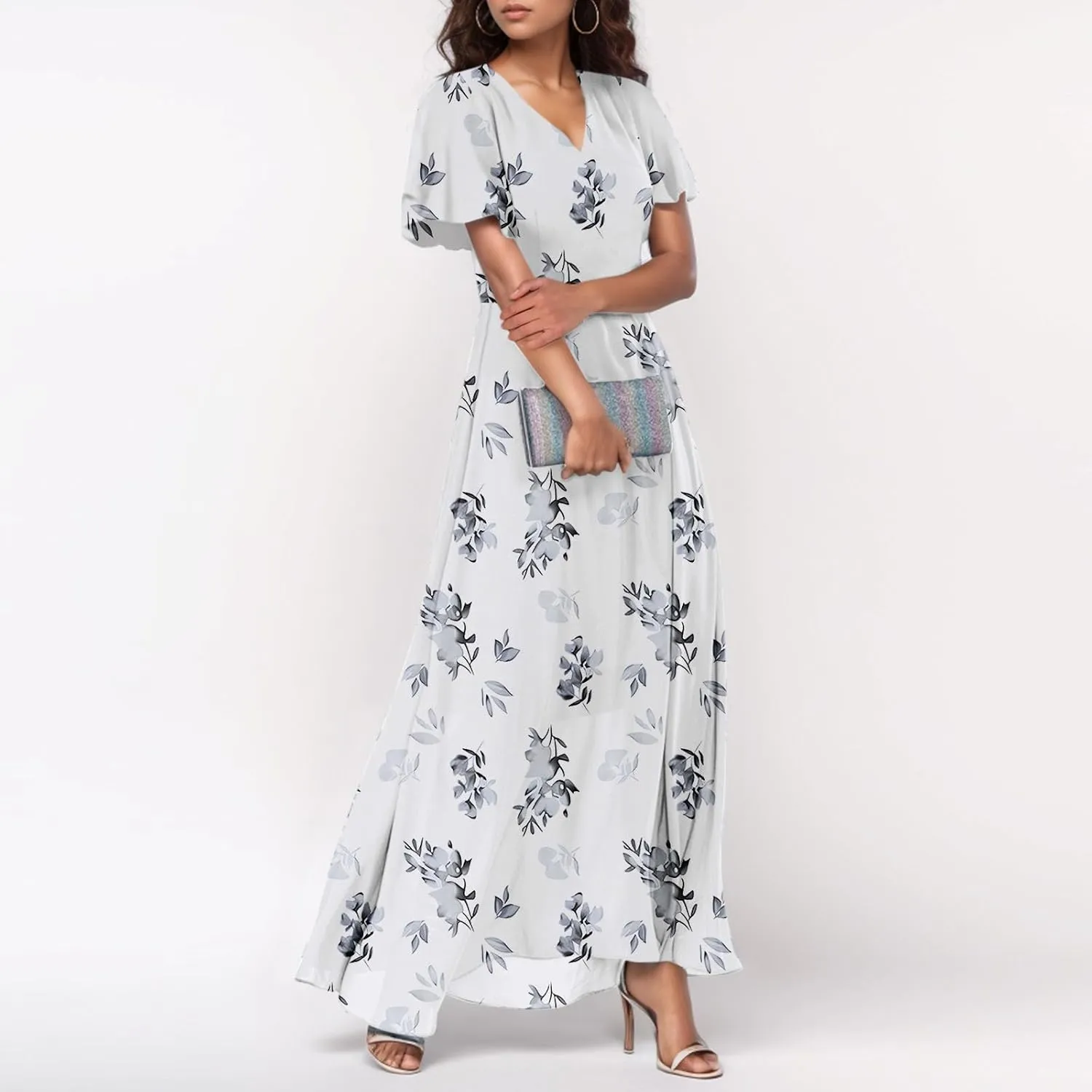 Dresses for Church Women 2025 Maxi Dress Summer Wrap Floral Ruffle Sleeve Chiffon Wedding Dress Boho