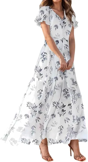 Dresses for Church Women 2025 Maxi Dress Summer Wrap Floral Ruffle Sleeve Chiffon Wedding Dress Boho