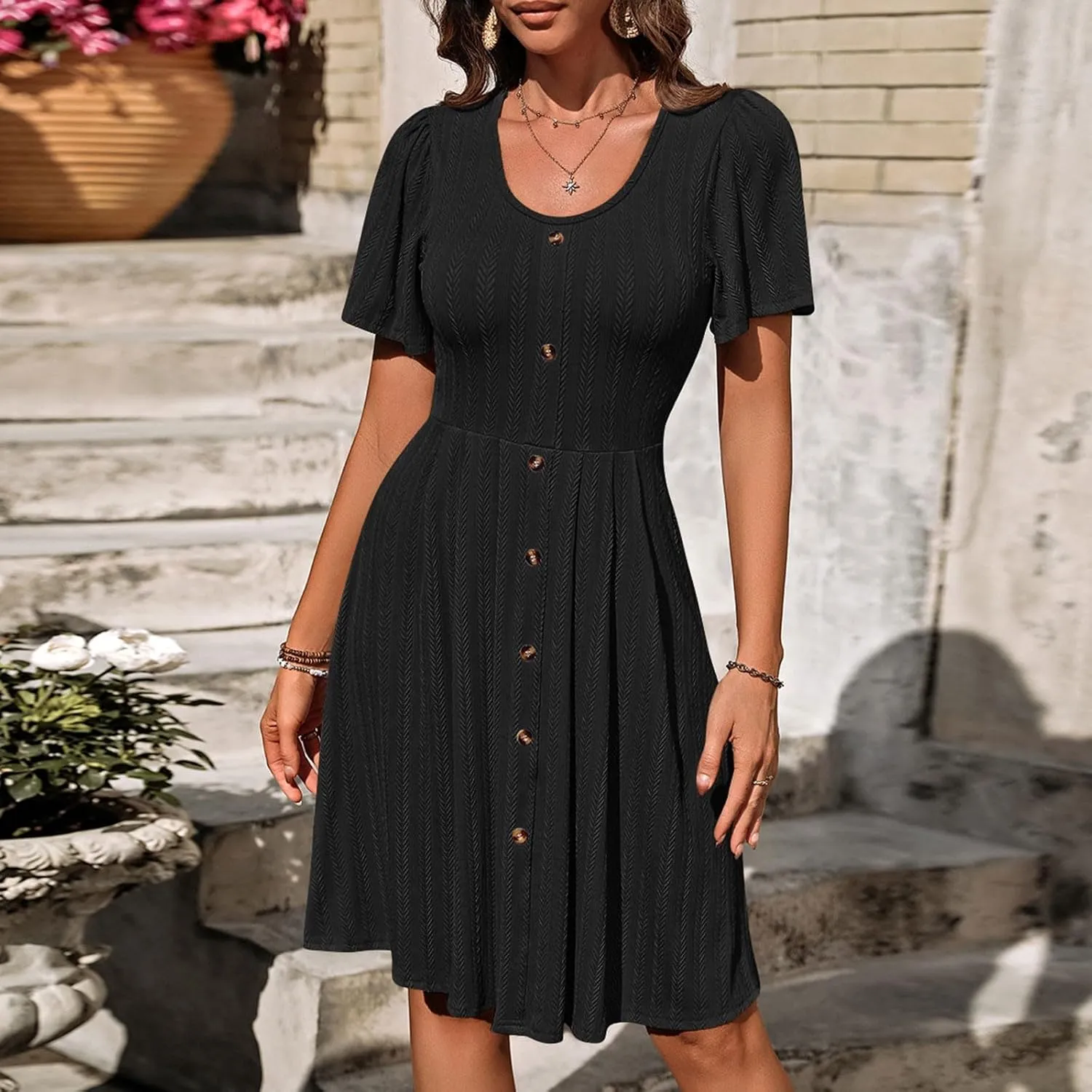 Dresses for Teens Floral Summer Dress Ruffle Sleeve Crewneck Flowy Swing Mini Dresses with Pockets