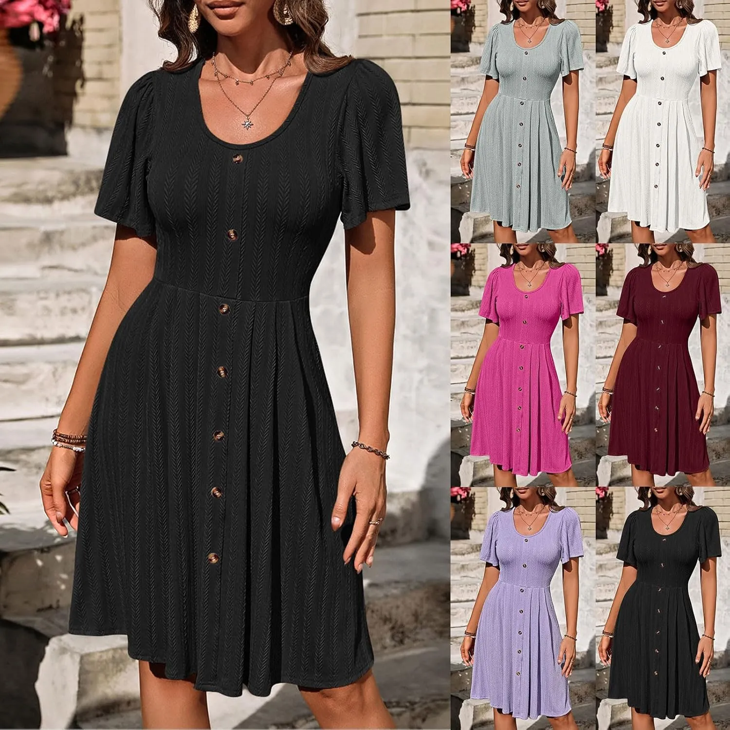 Dresses for Teens Floral Summer Dress Ruffle Sleeve Crewneck Flowy Swing Mini Dresses with Pockets