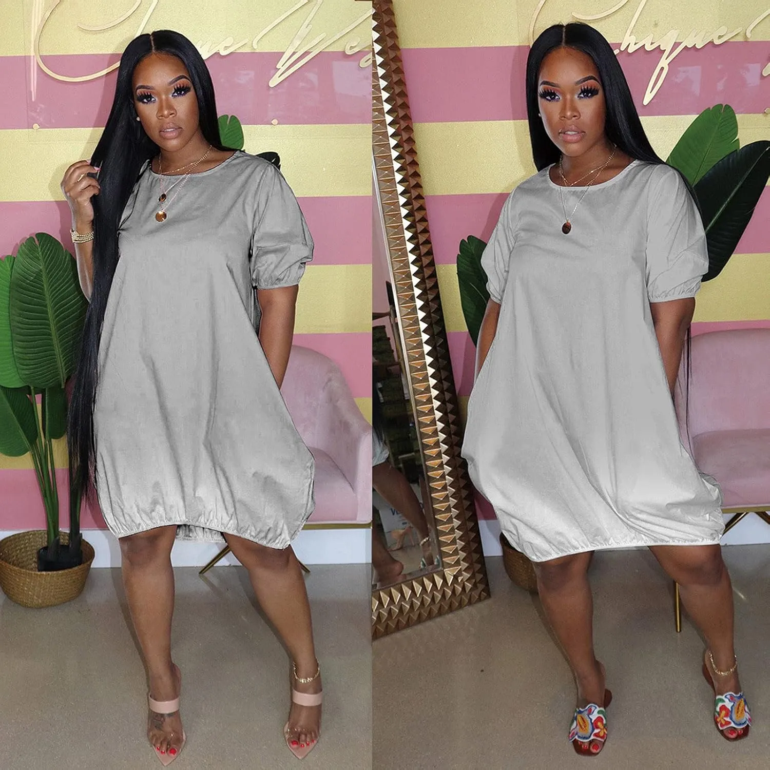 Dresses for Women 2024 Casual Short Sleeve Crew Neck Midi Dress with Pockets Plus Size Loose Gradient Summer Dresses