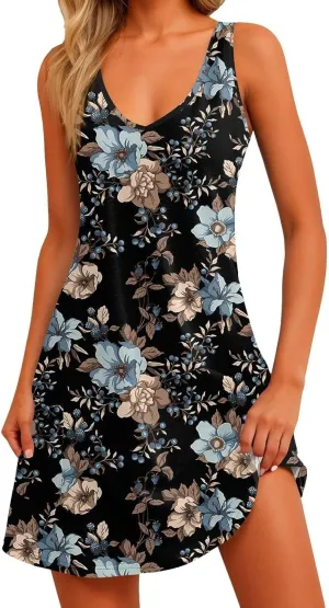 Dresses for Women 2025 Beach Casual Sleeveless Floral Print Boho Tank Dress V Neck Loose with Pockets Vacation Clothes