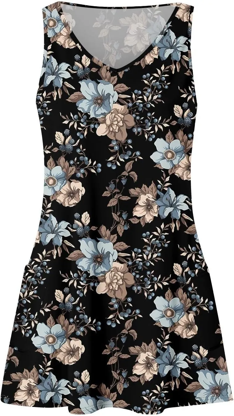 Dresses for Women 2025 Beach Casual Sleeveless Floral Print Boho Tank Dress V Neck Loose with Pockets Vacation Clothes