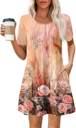 Dresses for Women 2025 Cute Boho Floral Sundress Crew Neck Short Sleeve Beach Dress Swimsuit Coverup with Pockets