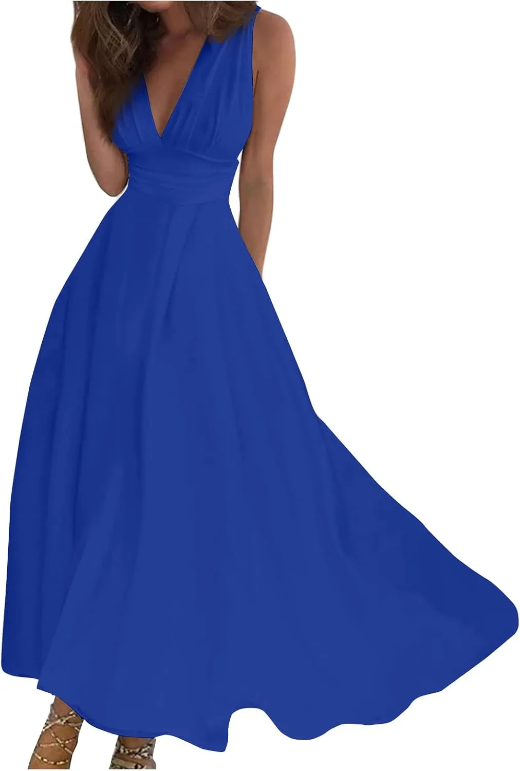 Dresses for Women 2025 Flowy Ruched Sleeveless Beach Dresses Wrap V Neck Floral Printed Maxi Dress Boho Sundresses