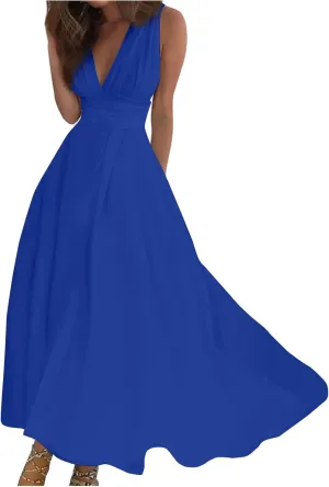 Dresses for Women 2025 Flowy Ruched Sleeveless Beach Dresses Wrap V Neck Floral Printed Maxi Dress Boho Sundresses
