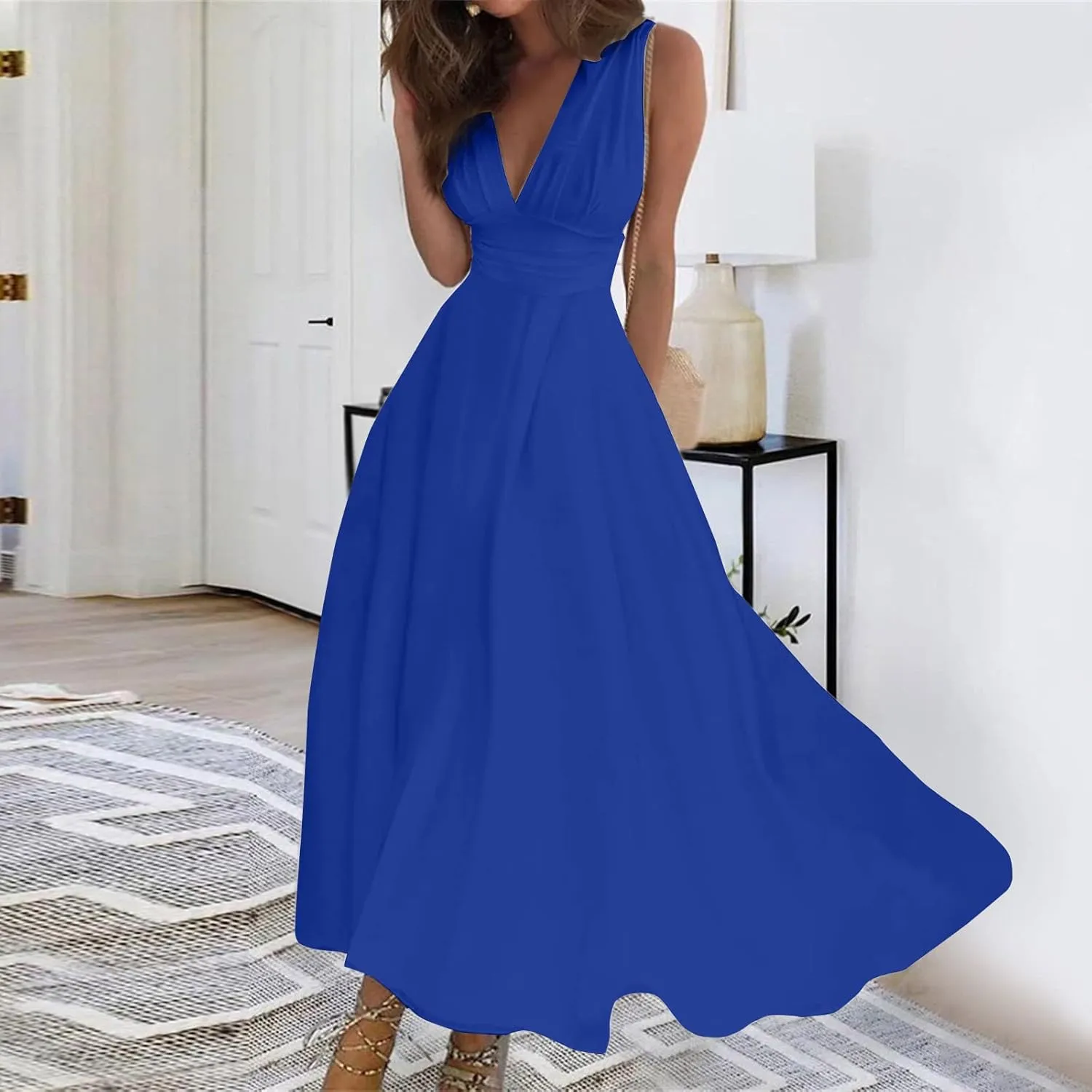 Dresses for Women 2025 Flowy Ruched Sleeveless Beach Dresses Wrap V Neck Floral Printed Maxi Dress Boho Sundresses