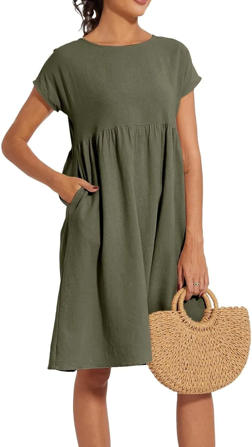 Dresses for Women 2025 Summer Cotton Linen Short Sleeve Midi Dress Plus Size Trendy Boho Beach Sundress with Pockets