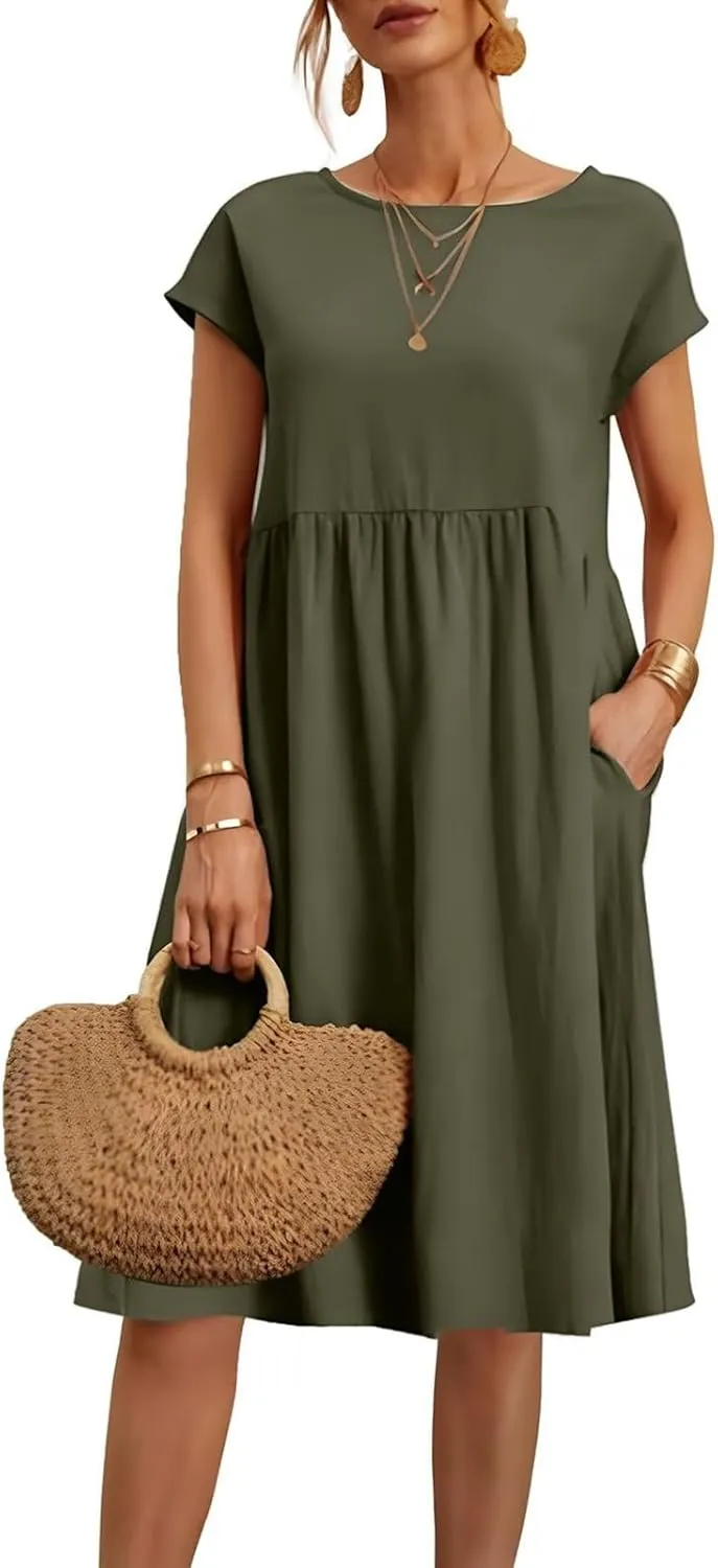 Dresses for Women 2025 Summer Cotton Linen Short Sleeve Midi Dress Plus Size Trendy Boho Beach Sundress with Pockets