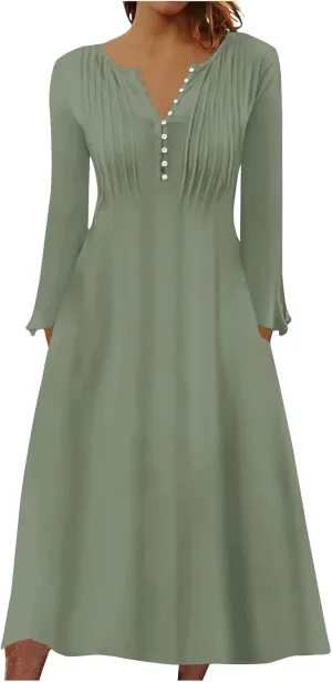 Dresses for Women Casual Trendy Plus Size Long Sleeve Midi Dress Sexy V Neck Button Down Summer Fall Flowy Dress
