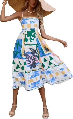 Dresses for Women Cute Print Maxi Cami Dress Loose Sleeveless Spaghetti Strap Boho Dress Vacation Beach Dresses
