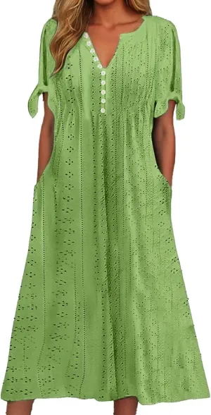 Dresses for Women Eyelet Button V Neck Tie Knot Short Sleeve Dresses Flowy Vacation Midi Tunic Dress with Pocket