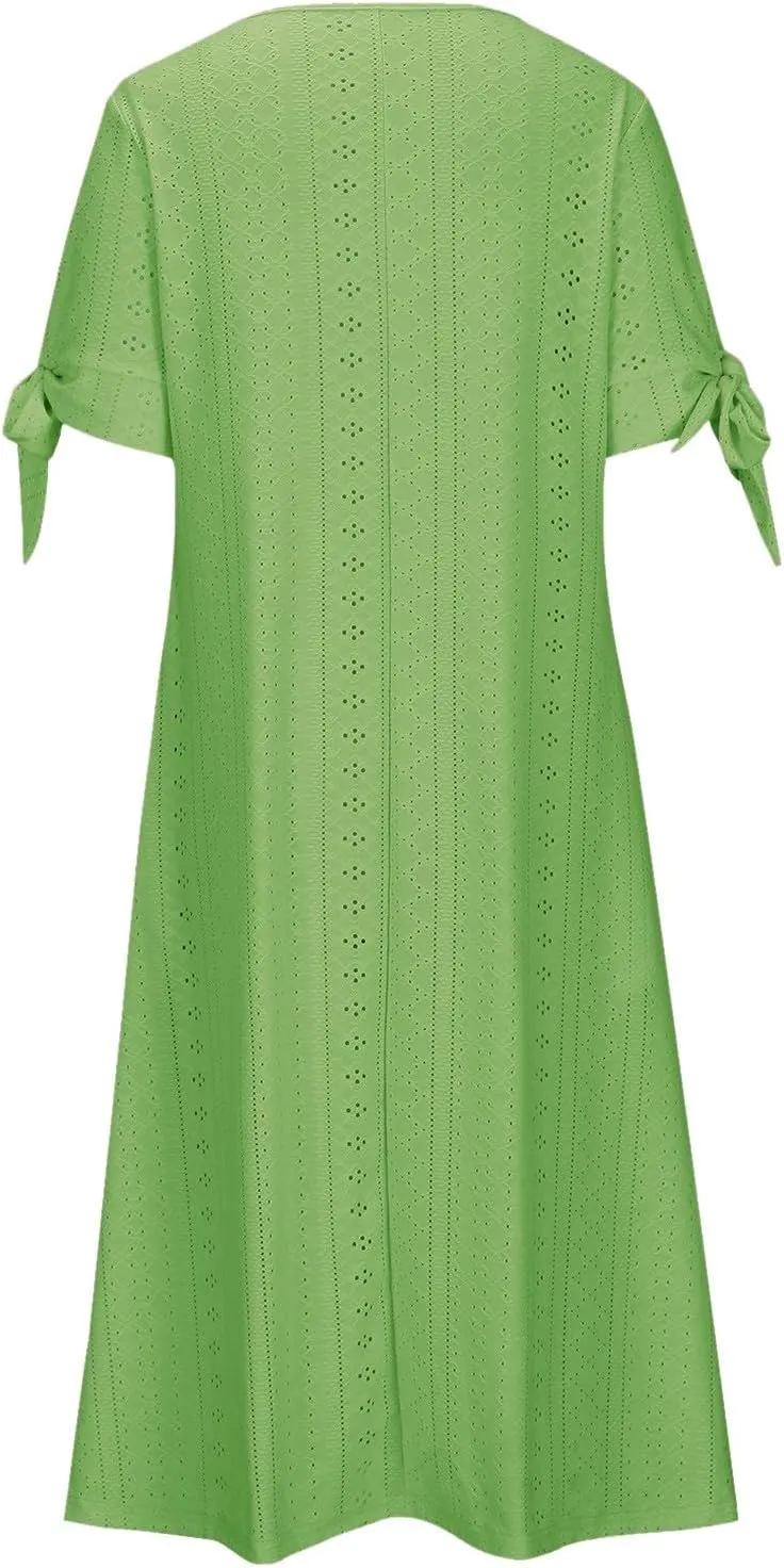Dresses for Women Eyelet Button V Neck Tie Knot Short Sleeve Dresses Flowy Vacation Midi Tunic Dress with Pocket