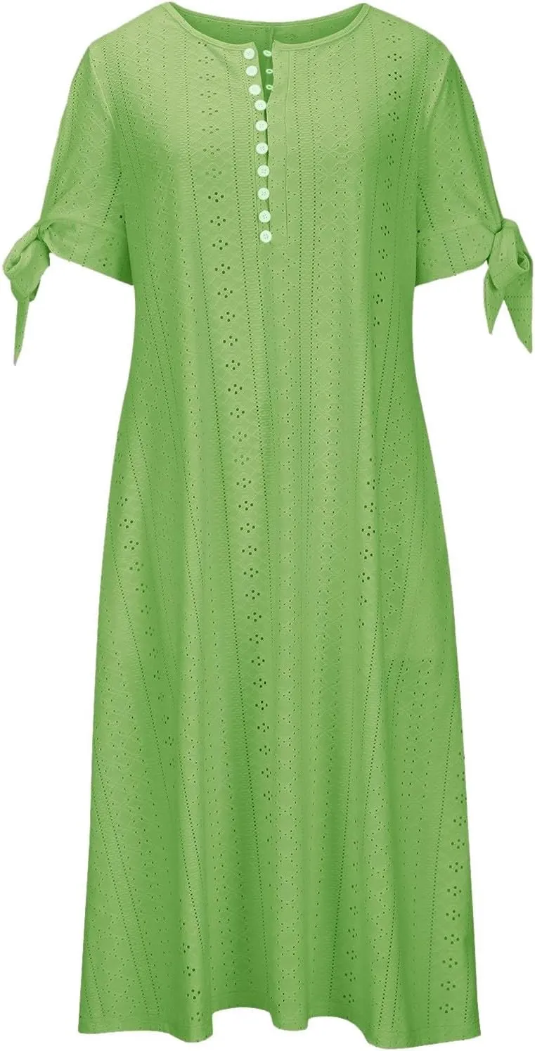 Dresses for Women Eyelet Button V Neck Tie Knot Short Sleeve Dresses Flowy Vacation Midi Tunic Dress with Pocket