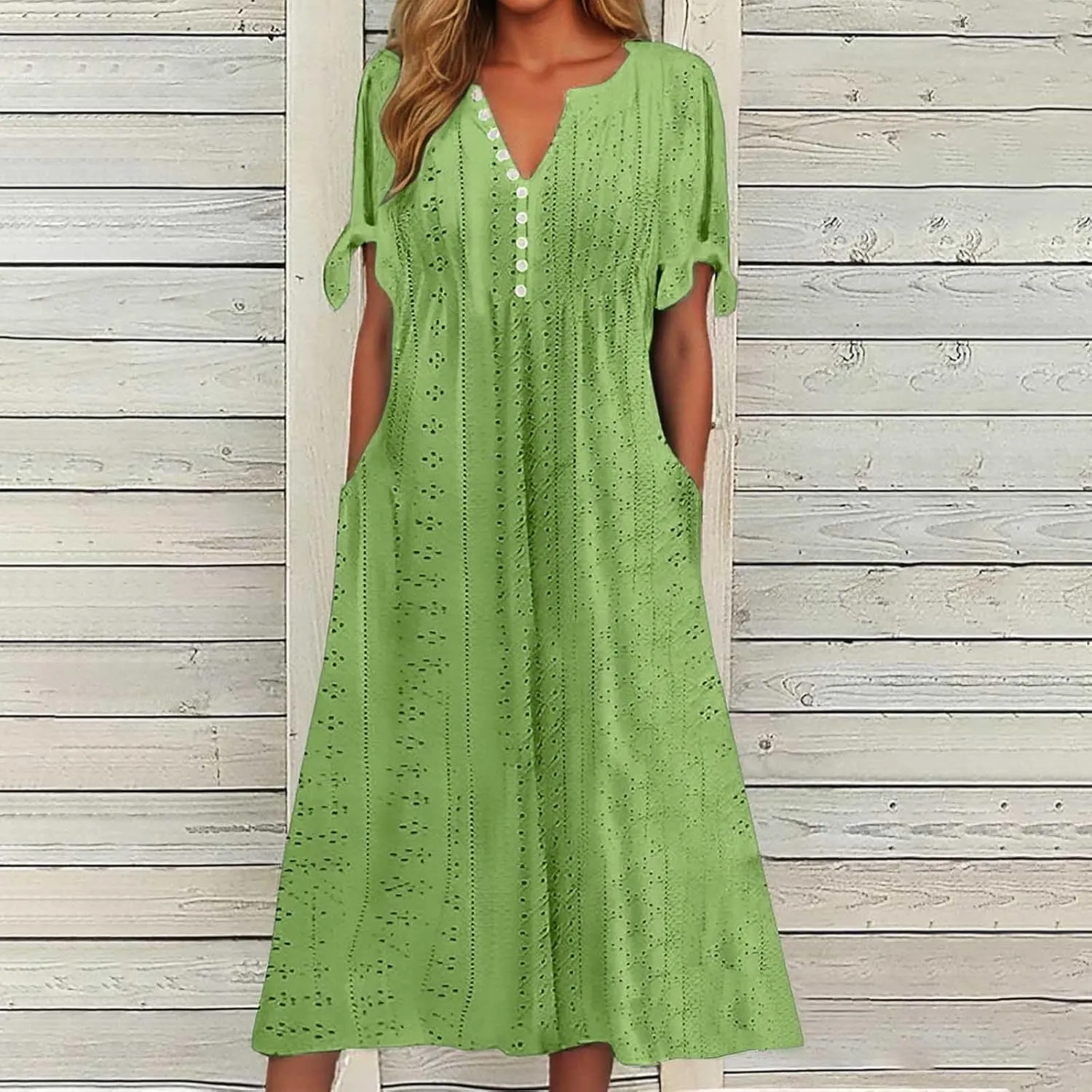 Dresses for Women Eyelet Button V Neck Tie Knot Short Sleeve Dresses Flowy Vacation Midi Tunic Dress with Pocket