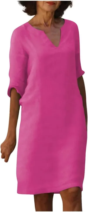 Dresses for Women Spring Cotton Linen V-Neck Floral Flare Midi Summer Dress Boho Floral Elegant Flowy Dresses