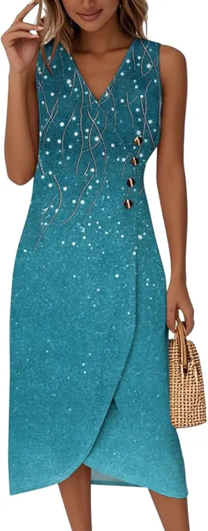 Dresses for Women Summer Elegant Wrap V Neck Sleeveless Floral Boho Dress Ruched Button Bodycon Sexy Midi Sundress