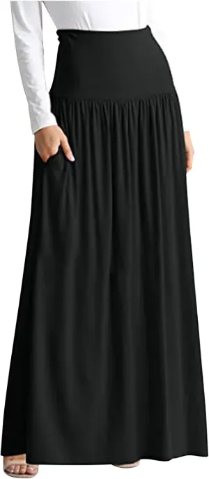 Dressy Casual Ankle Length Skirts for Women High Waist Pleated Maxi Skirt Elegant Business Work Skirt with Pocket