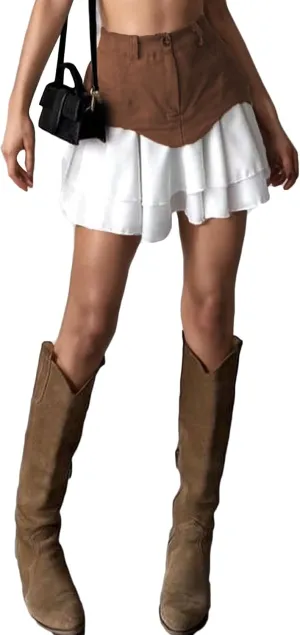 Ecirod Womens Summer Color Block Tiered Layer A Line Pleated Mini Skirt High Waisted Ruffle Hem Y2k Jean Short Skirts