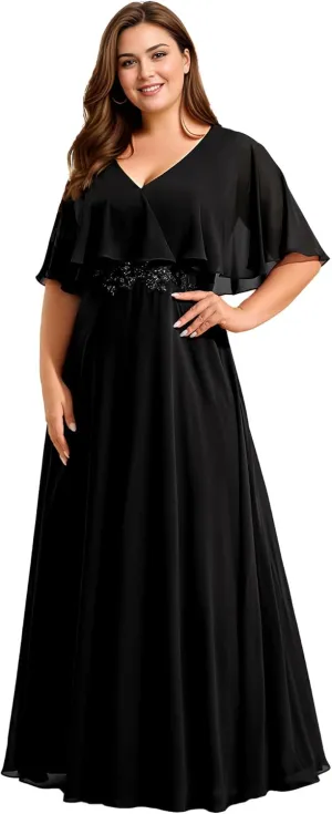 Ever-Pretty Plus Women's Ball Gown V-Neck A Line Chiffon Applique Shawl Short Sleeves Maxi Plus Size Formal Dresses 02289-DA