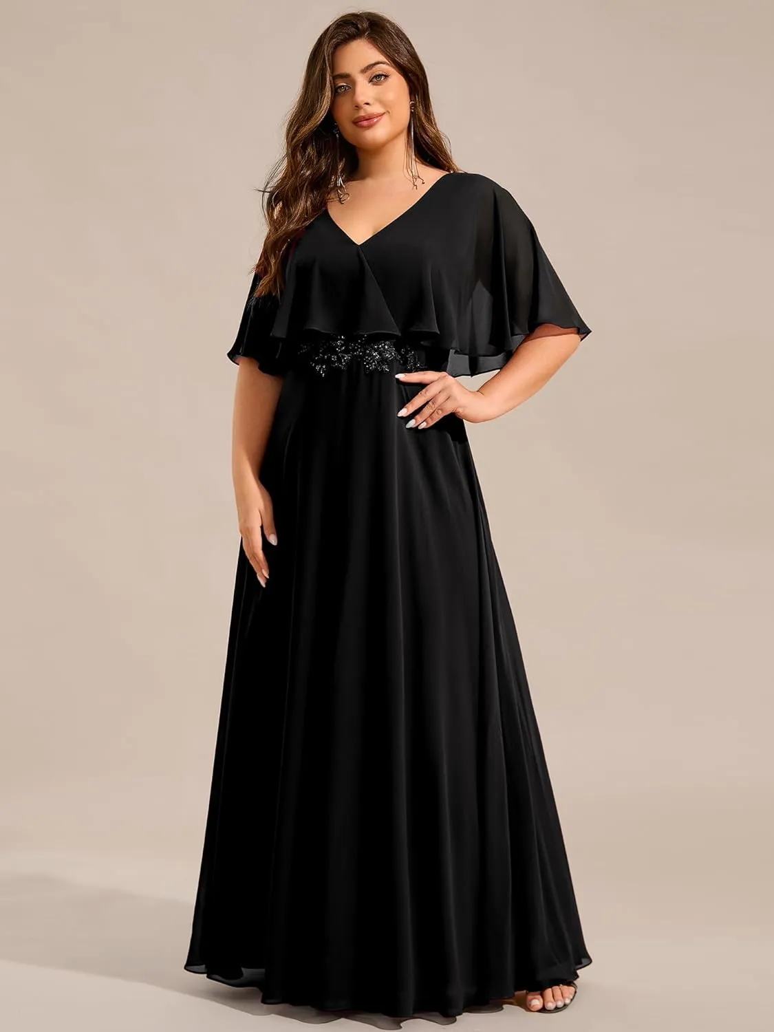 Ever-Pretty Plus Women's Ball Gown V-Neck A Line Chiffon Applique Shawl Short Sleeves Maxi Plus Size Formal Dresses 02289-DA