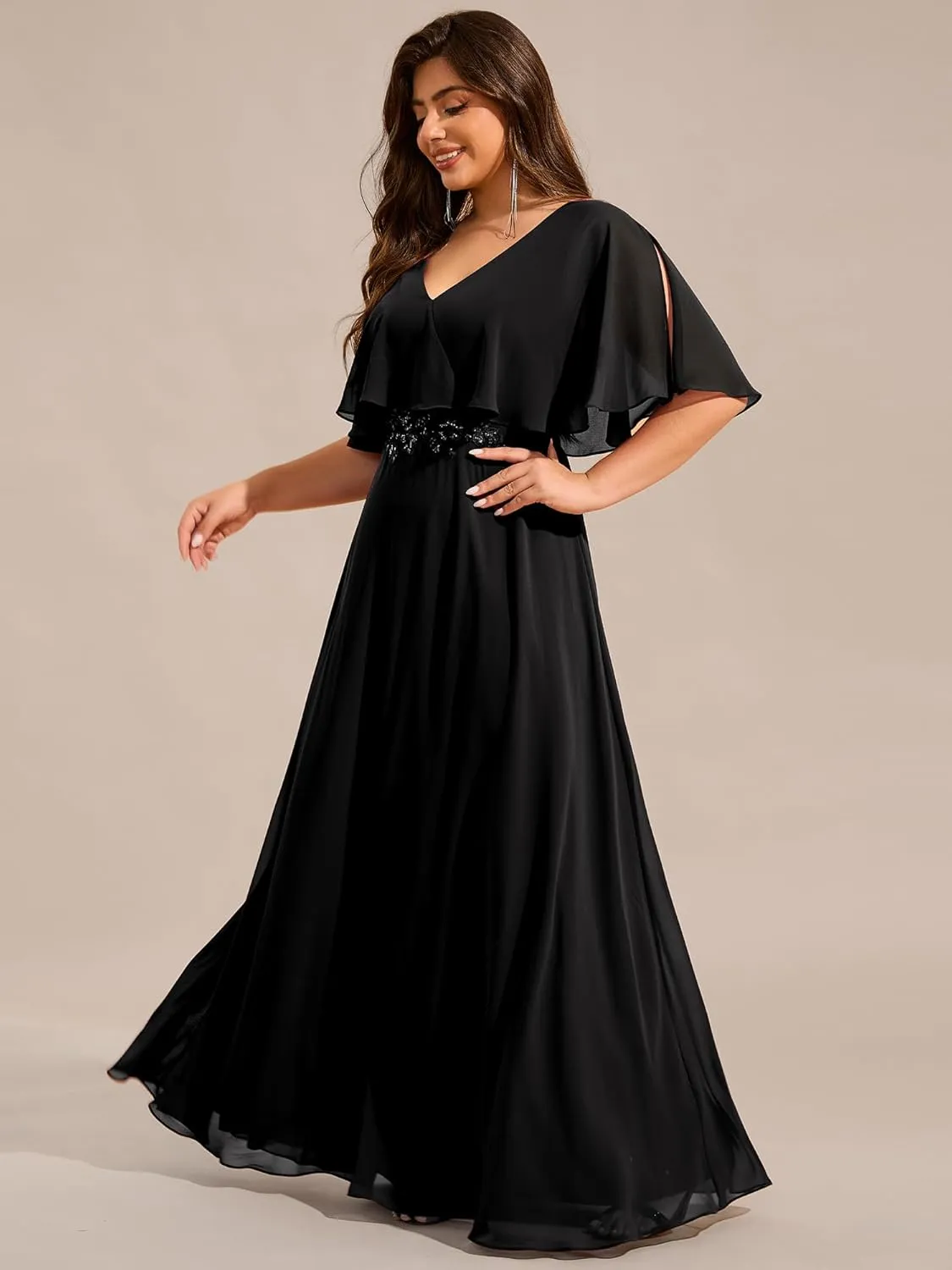 Ever-Pretty Plus Women's Ball Gown V-Neck A Line Chiffon Applique Shawl Short Sleeves Maxi Plus Size Formal Dresses 02289-DA
