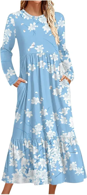 Fall Maxi Dresses for Women 2024 Plus Size Casual Long Sleeve Dresses Floral Boho Long Dress Wedding Guest Dress Fall Dresses Navy L