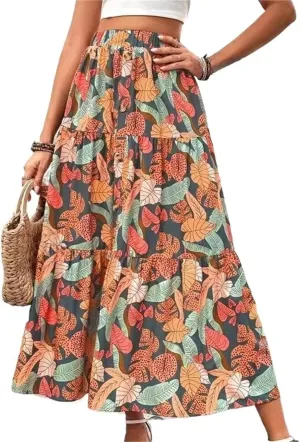 Fashionable Floral Print Half-Length Long Skirt Women's Holiday Style A-line Midi Skirt Elegant Commute Style(X-Large)