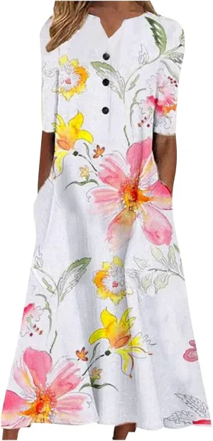 FlekmanArt Dresses for Women 2023 Casual Button-Up Solid Color Printed Dress Small V-Neck Loose 1/2 Sleeve Dress with Pocket