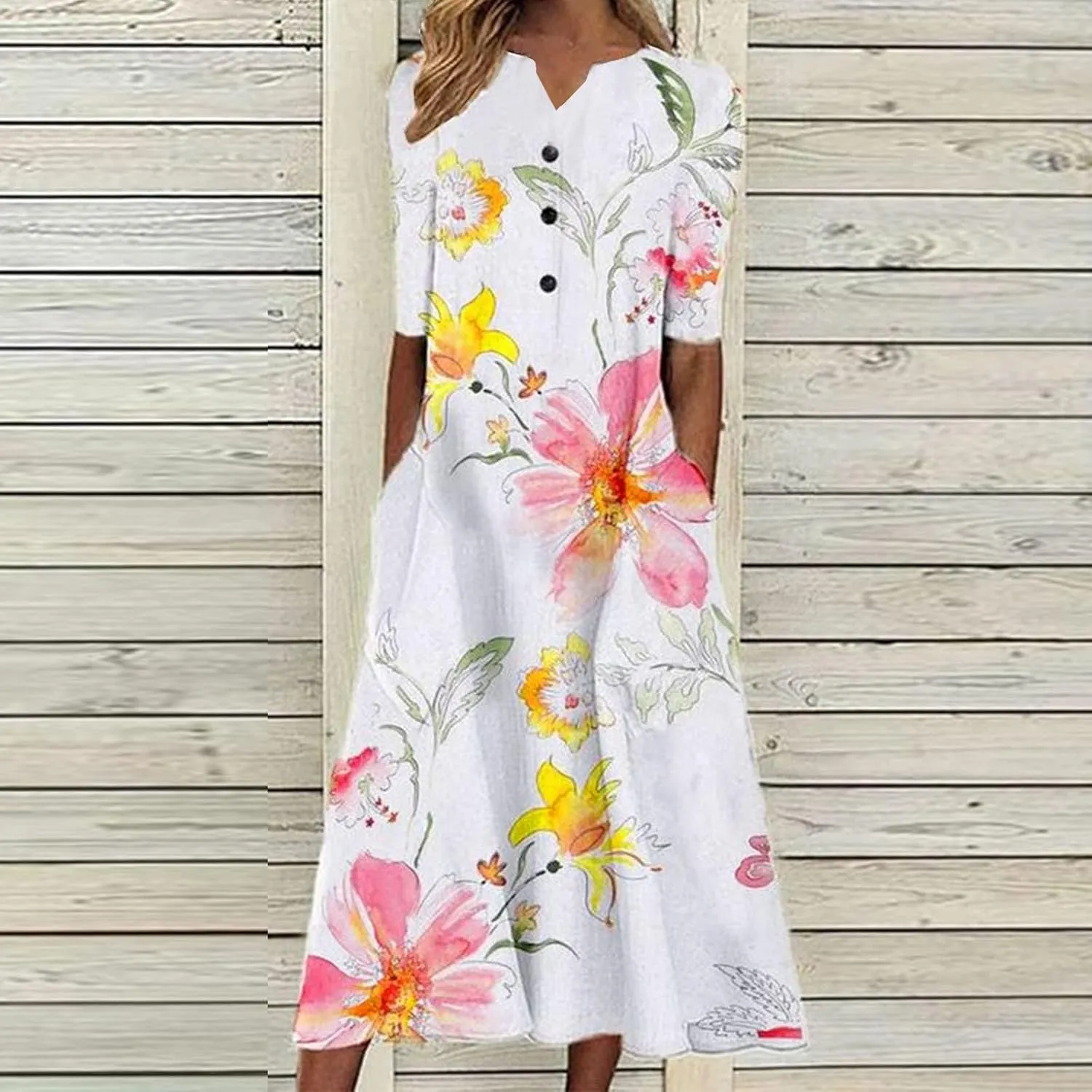 FlekmanArt Dresses for Women 2023 Casual Button-Up Solid Color Printed Dress Small V-Neck Loose 1/2 Sleeve Dress with Pocket