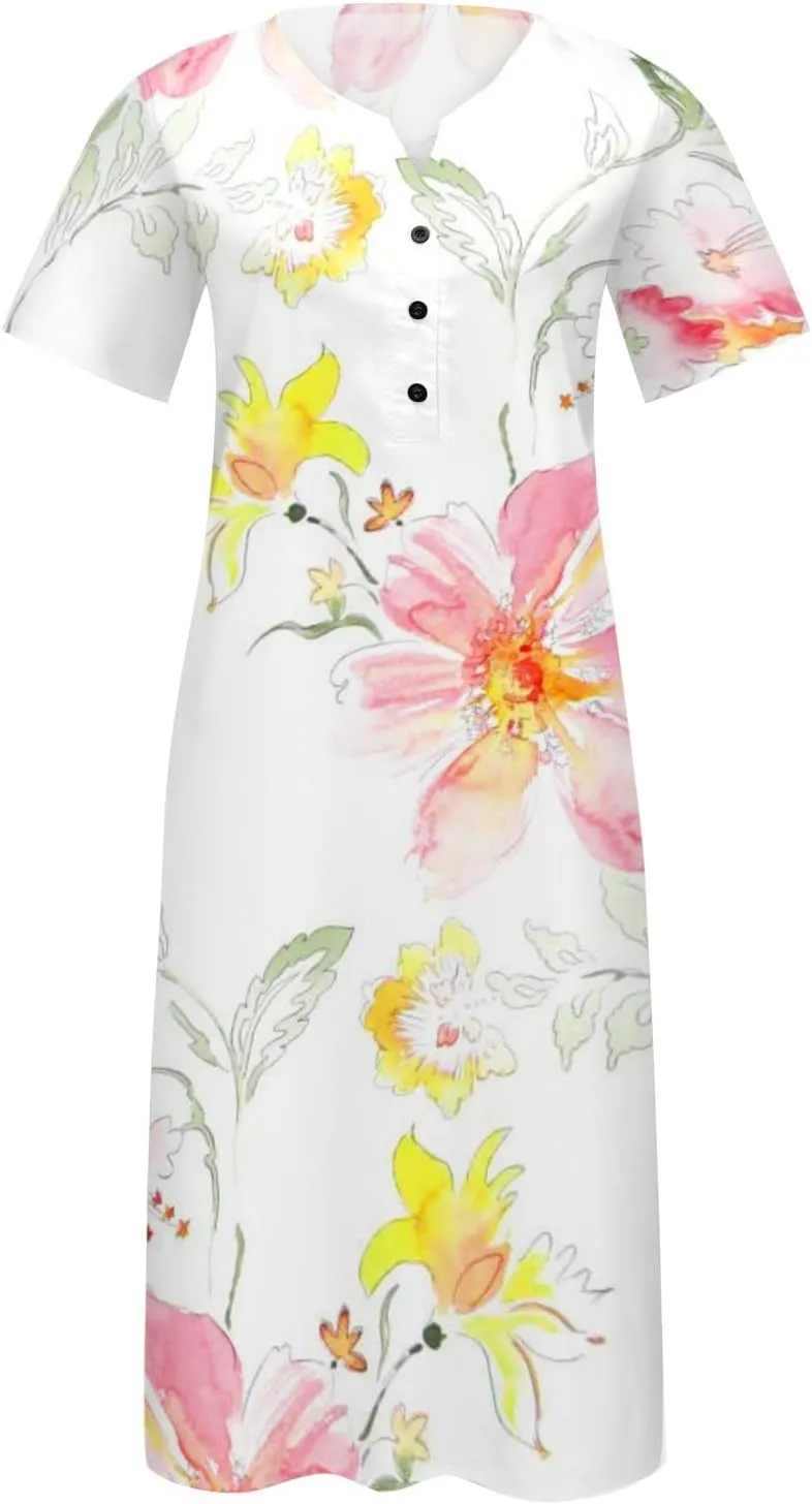 FlekmanArt Dresses for Women 2023 Casual Button-Up Solid Color Printed Dress Small V-Neck Loose 1/2 Sleeve Dress with Pocket
