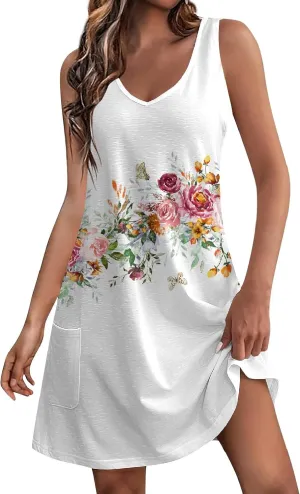 FlekmanArt Summer Dresses for Women 2025 A-Line Printing Tank Dresses V Neck Sleeveless Vacation Minidresses Beach Sundresses