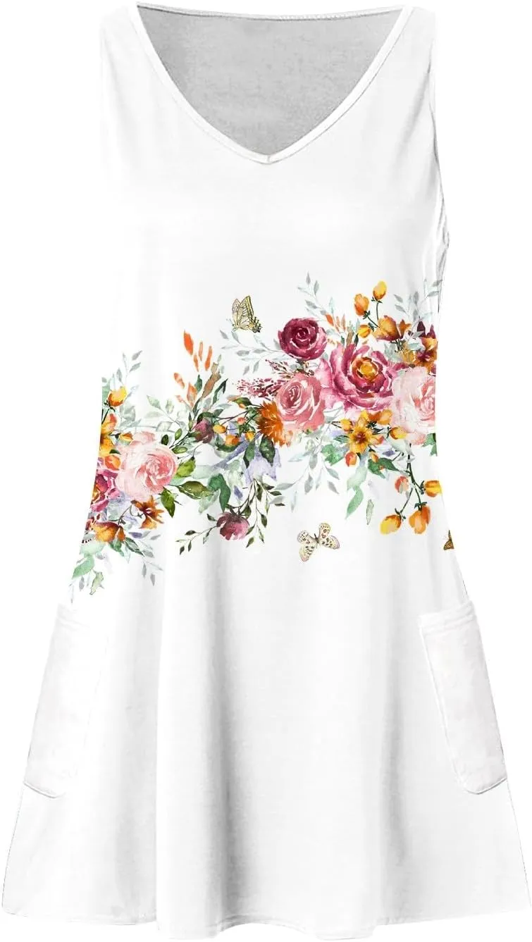 FlekmanArt Summer Dresses for Women 2025 A-Line Printing Tank Dresses V Neck Sleeveless Vacation Minidresses Beach Sundresses