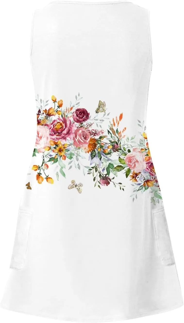 FlekmanArt Summer Dresses for Women 2025 A-Line Printing Tank Dresses V Neck Sleeveless Vacation Minidresses Beach Sundresses