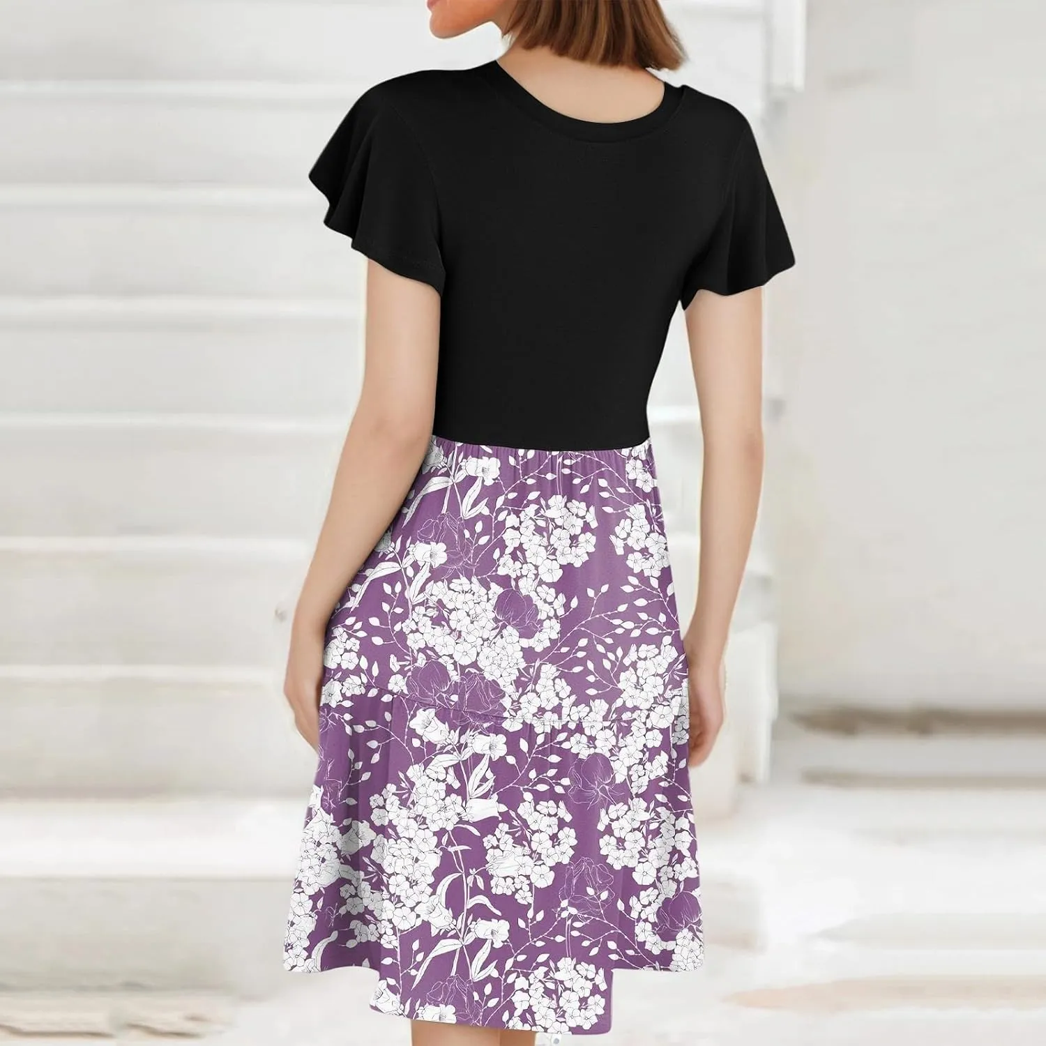 Floral Dress for Women Crewneck Ruffle Short Sleeve Patchwork Dresses Mini Tiered Summer Casual Beach Vacation Dress