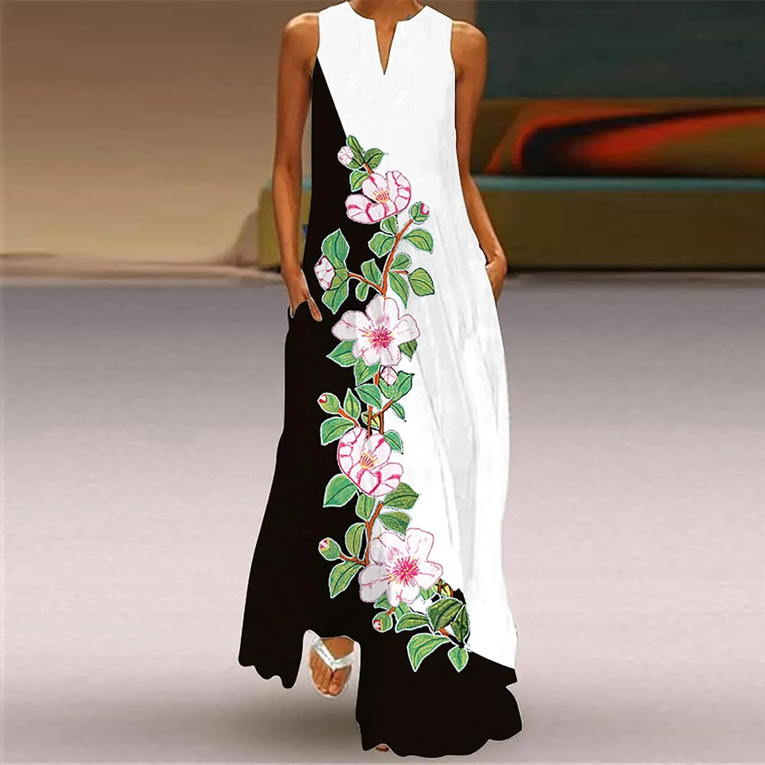 Floral Dress for Women Elegant V Neck Sleeveless Ruffle Bohemian Dresses with Pocket Summer Causal Boho Maxi Sundress
