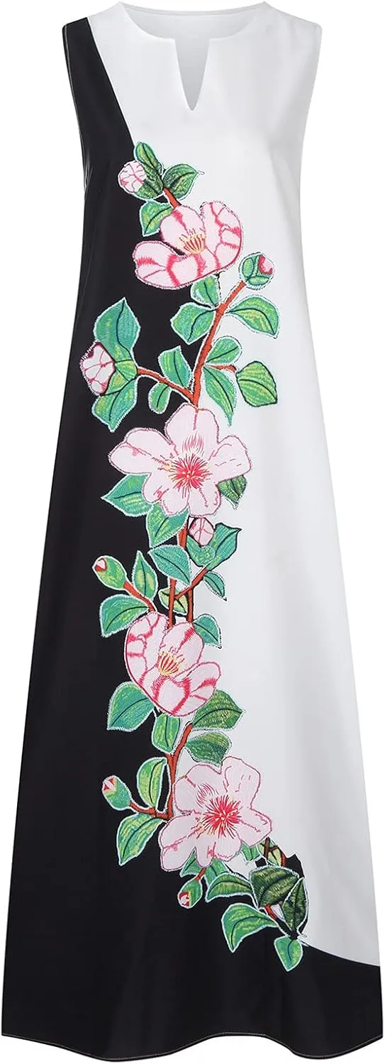 Floral Dress for Women Elegant V Neck Sleeveless Ruffle Bohemian Dresses with Pocket Summer Causal Boho Maxi Sundress
