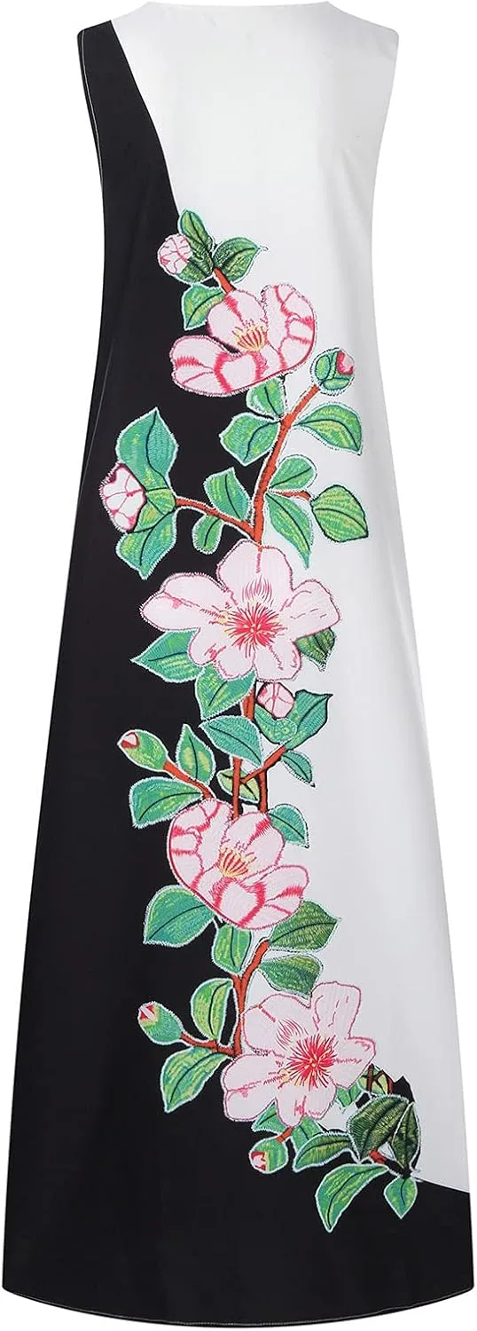 Floral Dress for Women Elegant V Neck Sleeveless Ruffle Bohemian Dresses with Pocket Summer Causal Boho Maxi Sundress