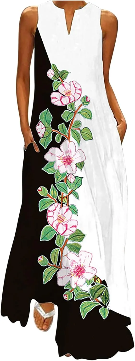 Floral Dress for Women Elegant V Neck Sleeveless Ruffle Bohemian Dresses with Pocket Summer Causal Boho Maxi Sundress