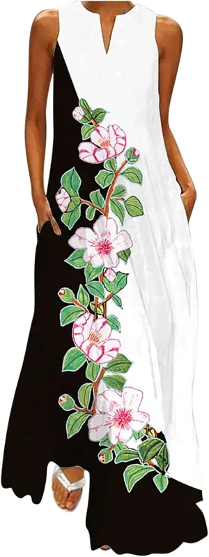 Floral Dress for Women Elegant V Neck Sleeveless Ruffle Bohemian Dresses with Pocket Summer Causal Boho Maxi Sundress