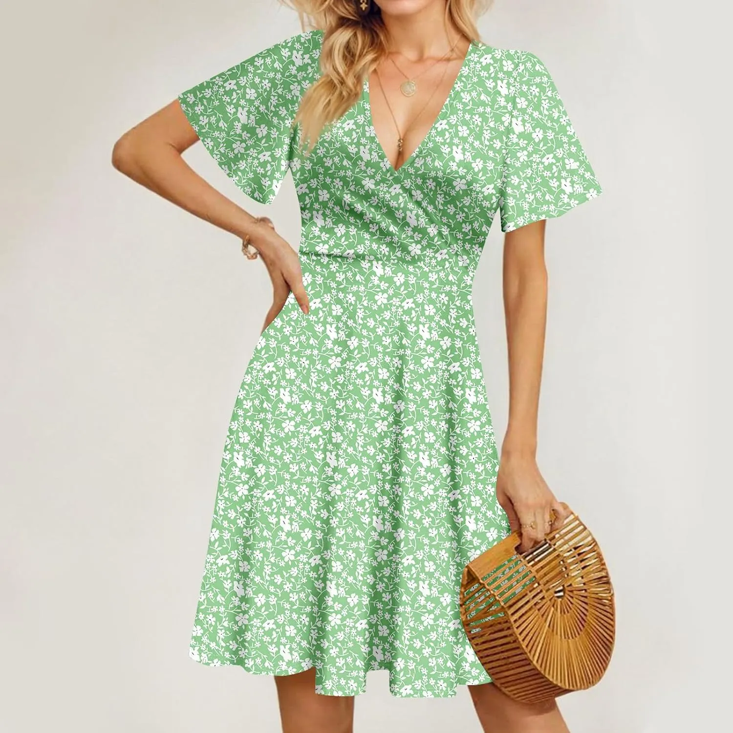 Floral Dress for Women Wrap V Neck Short Sleeve Midi Dress Casual Summer A Line Flowy Cotton Boho Beach Sun Dresses