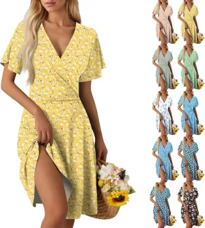 Floral Dress for Women Wrap V Neck Short Sleeve Midi Dress Casual Summer A Line Flowy Cotton Boho Beach Sun Dresses
