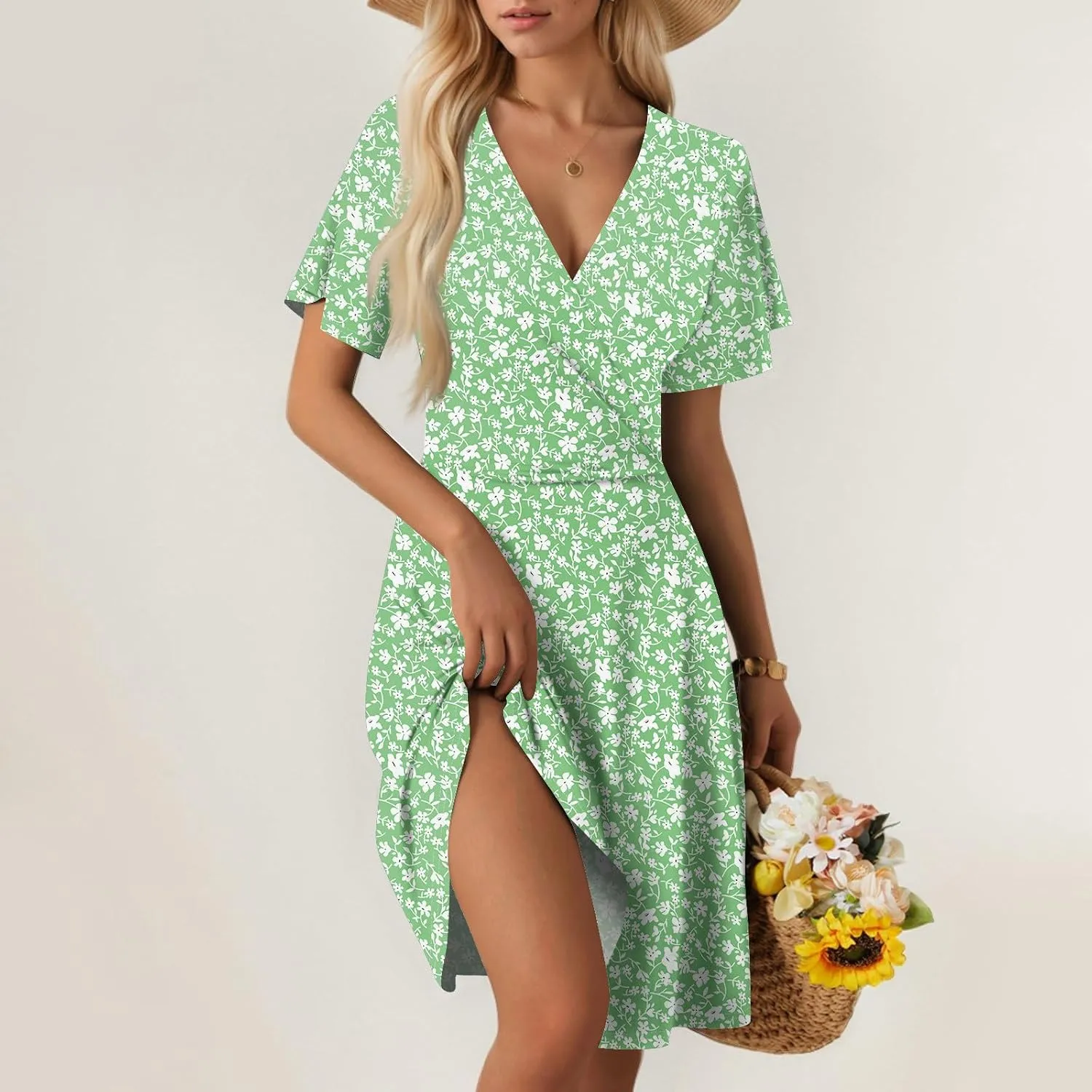 Floral Dress for Women Wrap V Neck Short Sleeve Midi Dress Casual Summer A Line Flowy Cotton Boho Beach Sun Dresses