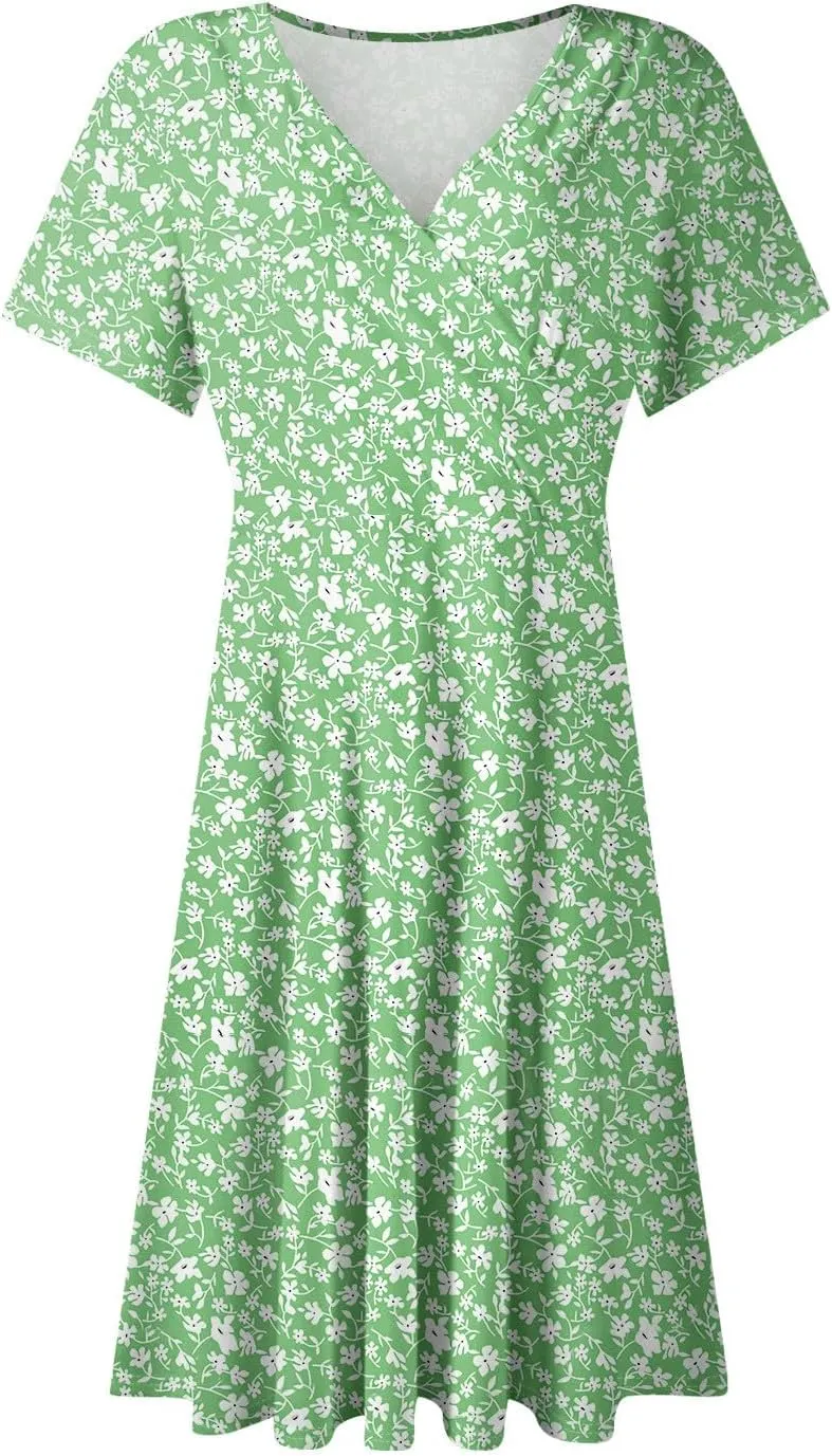 Floral Dress for Women Wrap V Neck Short Sleeve Midi Dress Casual Summer A Line Flowy Cotton Boho Beach Sun Dresses