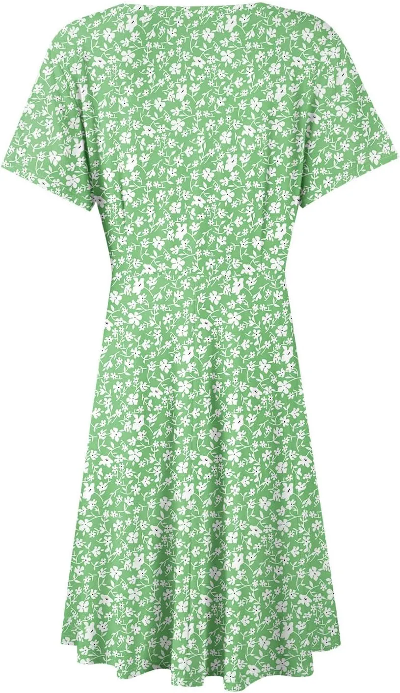 Floral Dress for Women Wrap V Neck Short Sleeve Midi Dress Casual Summer A Line Flowy Cotton Boho Beach Sun Dresses